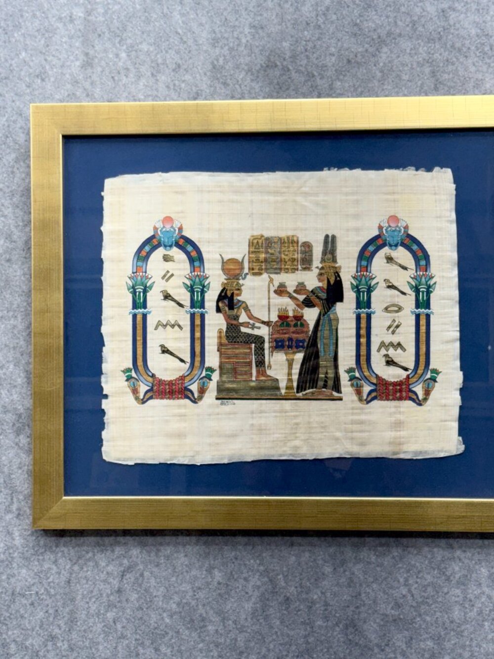 Vintage Framed Egyptian Papyrus Painting Queen Nefertari Goddess Isis Art Gamal